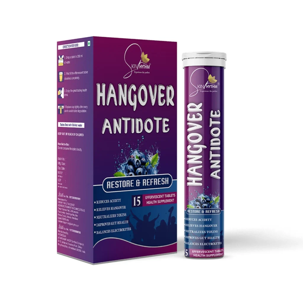 Skinrhythm Hangover Antidote effervescent tablets for after-party recovery, designed to relieve hangover symptoms, reduce acidity, restore energy, and balance electrolytes after a night out.
