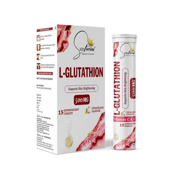 SkinRhythm L-Glutathione 500mg effervescent tablet and packaging in pina colada flavour, enriched with Vitamin C and E for skin brightening and antioxidant support; marketed as Glutone tablet.