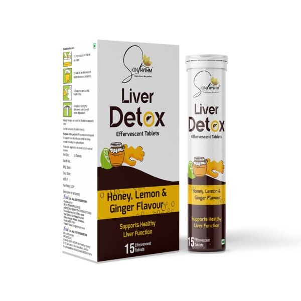 Skin Rhythm Liver Detox effervescent tablets pack and tube with honey, lemon, and ginger flavor, formulated to support healthy liver function and liver cleanse – top liver detox supplement in India.