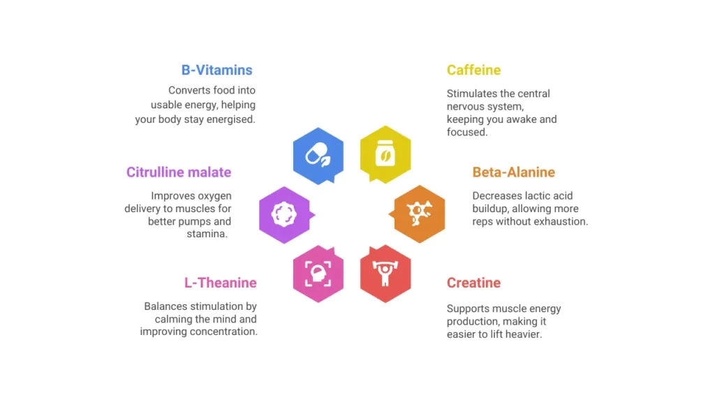 Infographic showing six common pre-workout ingredients—B-Vitamins, Caffeine, Beta-Alanine, Creatine, L-Theanine, and Citrulline Malate—each with icons and descriptions explaining their role in boosting energy, focus, endurance, and workout performance.