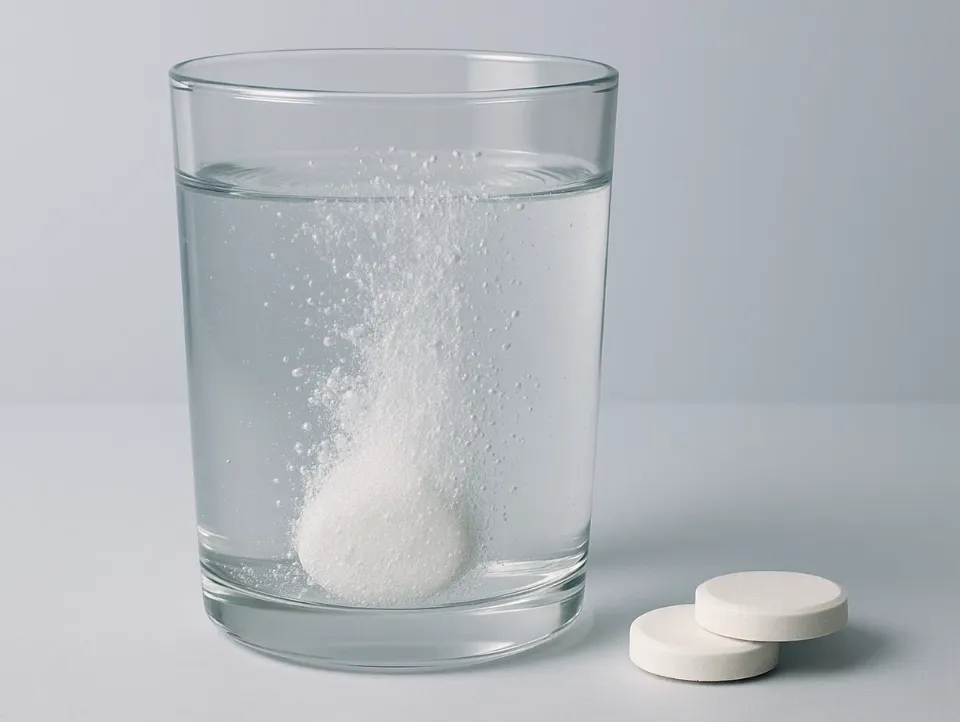 Effervescent tablet dissolving in a glass of water with two tablets beside it, illustrating the fast-acting nature and easy consumption benefits of effervescent tablets.
