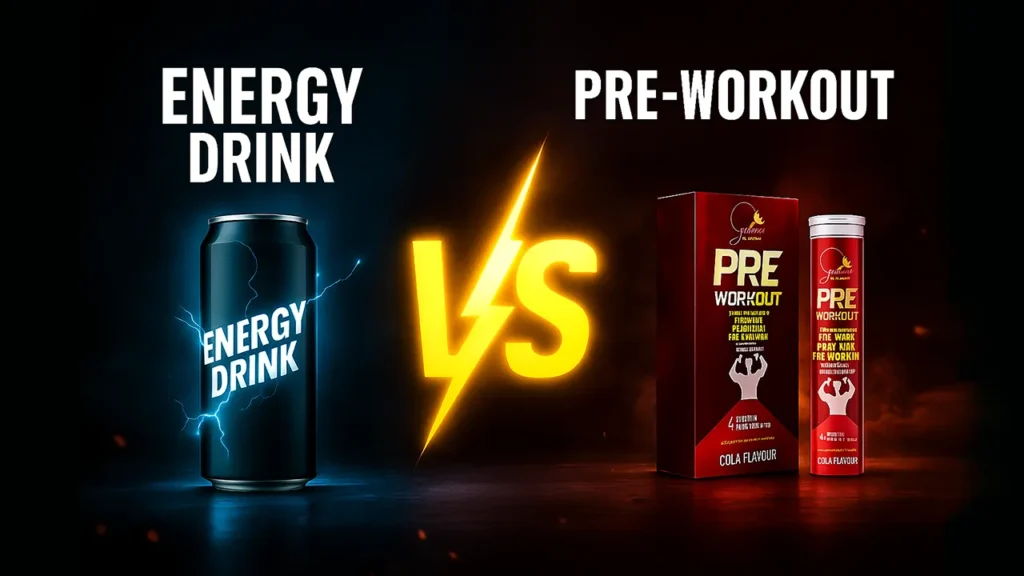 Comparison between a black energy drink can and a red pre-workout supplement box with a lightning bolt “VS” symbol in the center, highlighting the differences between Pre-workout vs energy drinks comparison image showing a black energy drink can versus a red pre-workout supplement pack and tube, highlighting the difference between energy drinks and pre-workout supplements. for energy, focus, and fitness performance.