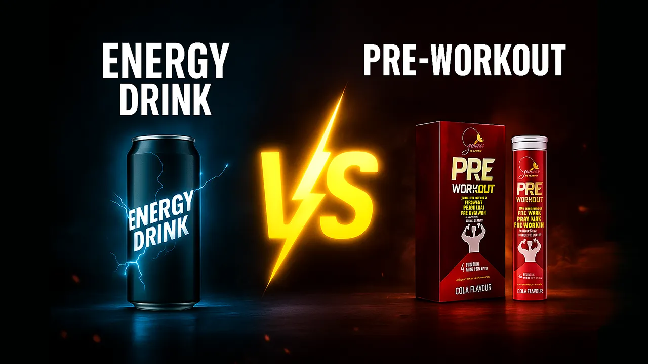 Comparison between a black energy drink can and a red pre-workout supplement box with a lightning bolt “VS” symbol in the center, highlighting the differences between Pre-workout vs energy drinks comparison image showing a black energy drink can versus a red pre-workout supplement pack and tube, highlighting the difference between energy drinks and pre-workout supplements. for energy, focus, and fitness performance.