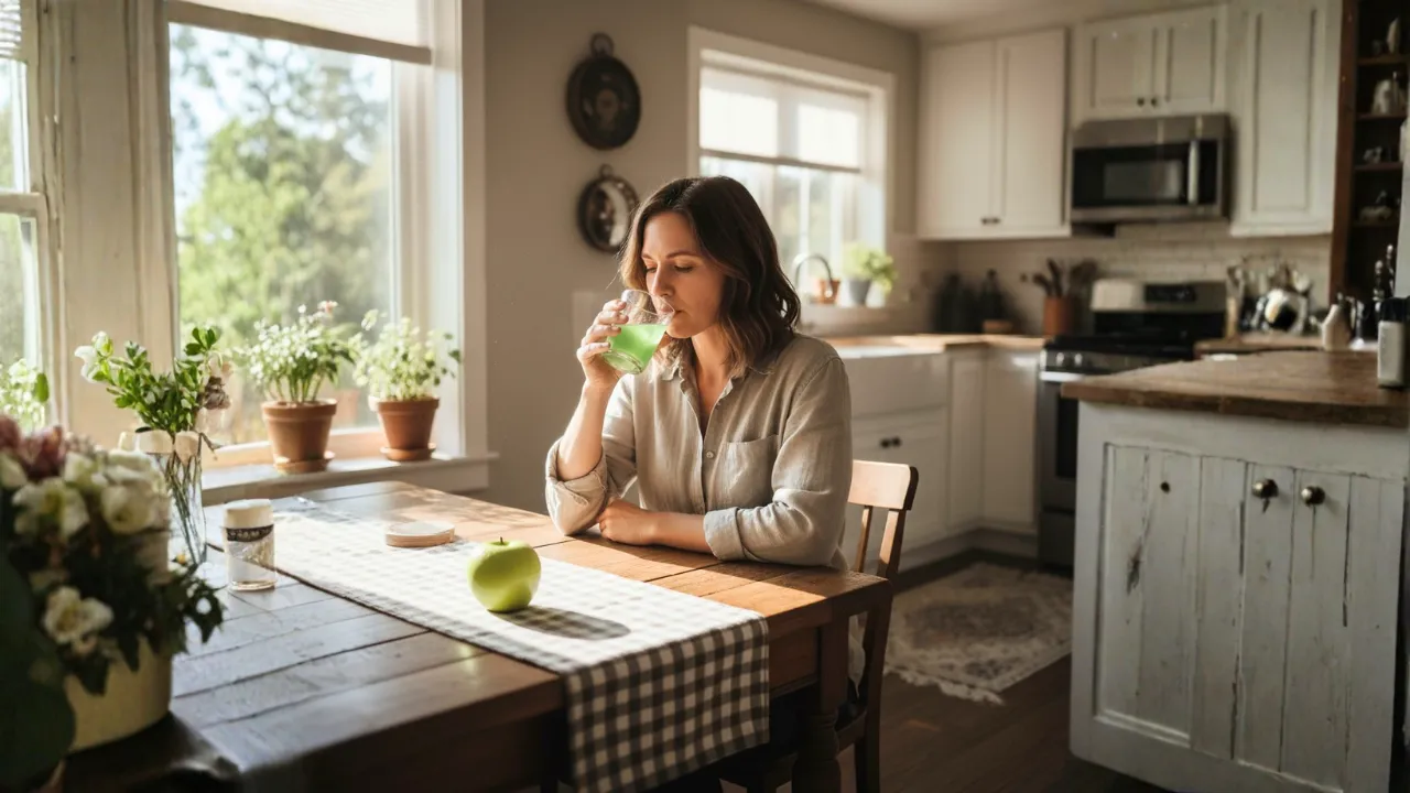 A person enjoying a glass of apple cider vinegar diluted with water in the morning, sitting at a kitchen table with an apple nearby, symbolizing the benefits of drinking apple cider vinegar in the morning.