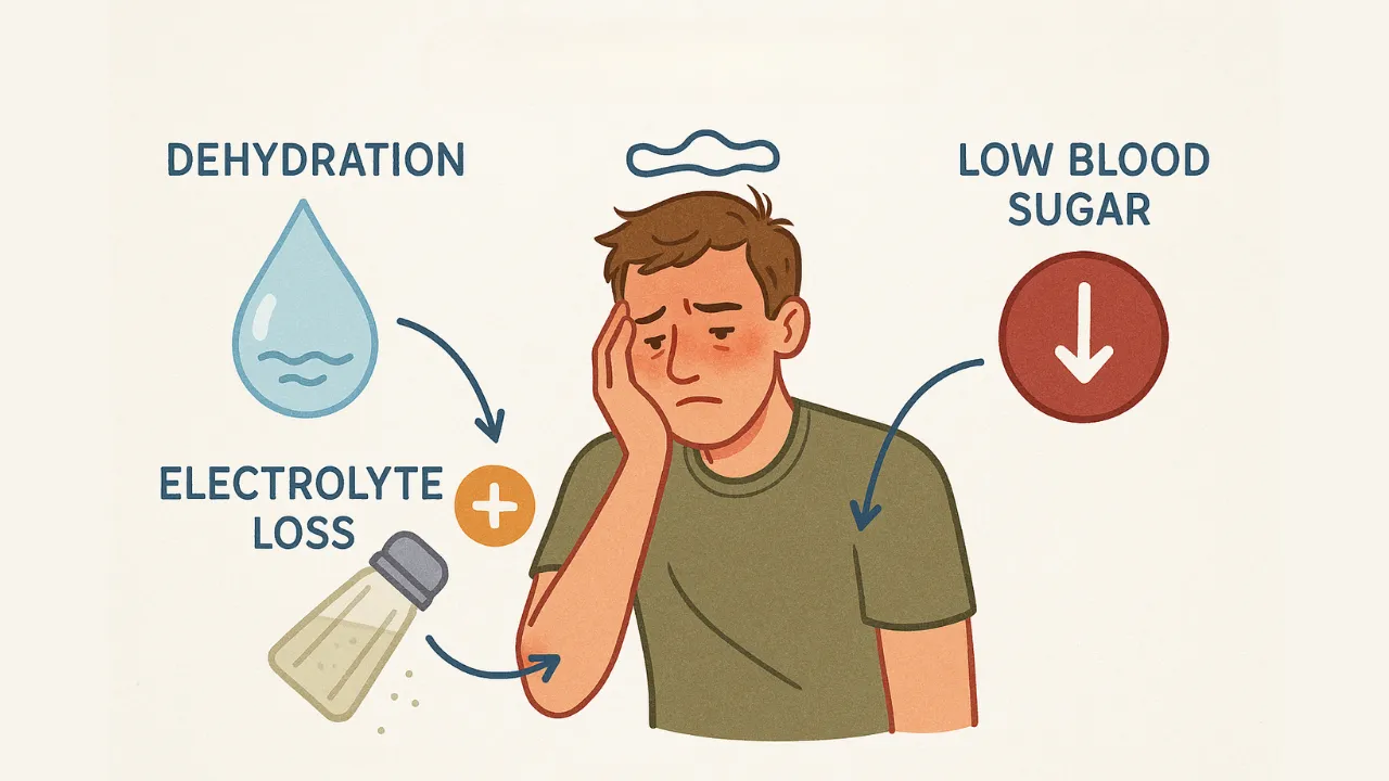 Illustration of a tired man with hangover symptoms, showing effects of alcohol such as dehydration, electrolyte loss, and low blood sugar – helpful for explaining how after-party drinks and anti hangover remedies support recovery.