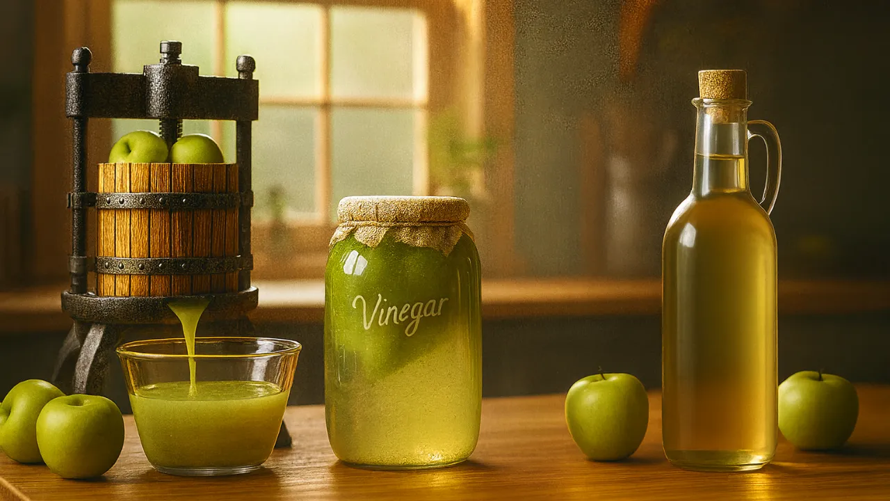 A bottle of apple cider vinegar, a jar of fermenting vinegar, and fresh green apples, highlighting the process of making ACV and its health benefits, especially when consumed in the morning on an empty stomach for better digestion and blood sugar balance.