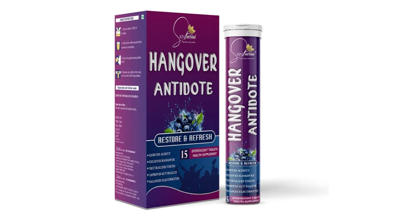 Packaging of Skinrhythm Hangover Antidote effervescent tablets with blueberry graphics, designed to restore electrolytes, relieve hangover symptoms, and support post-party recovery – ideal anti hangover and morning recovery drink option in India.